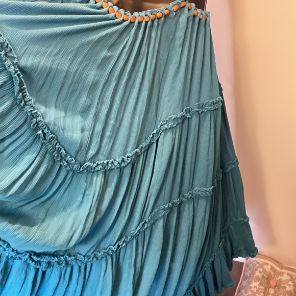 Free People Blue Green Maxi Oversized Sleeveless Dress with Wooden Beading SP - Picture 9 of 11